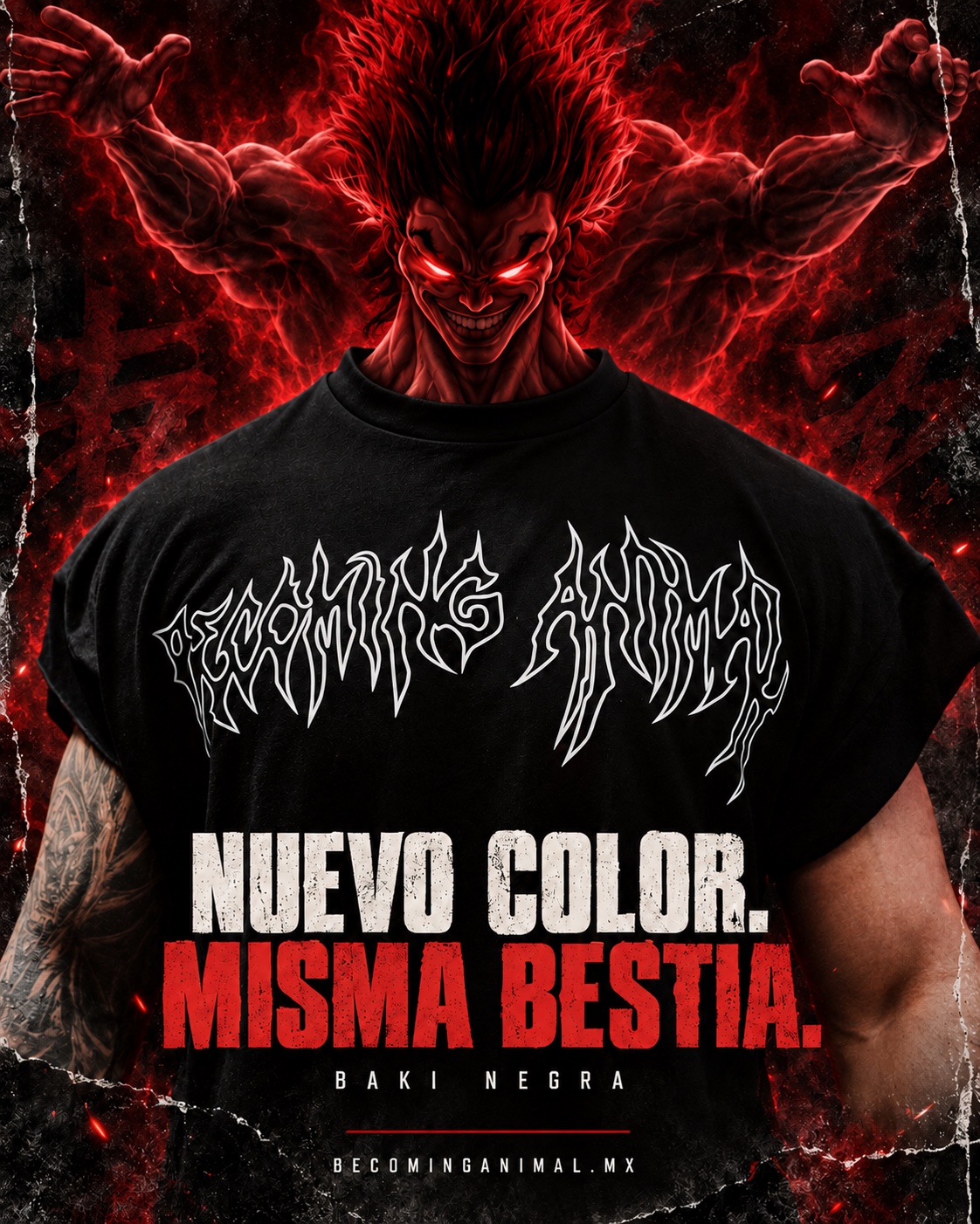 Playera negra Becoming Animal BAKI respaldada por Yujiro Hanma